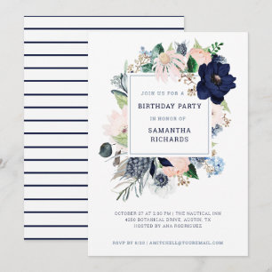 Navy Nautical Floral and Stripes   Birthday Party Invitation