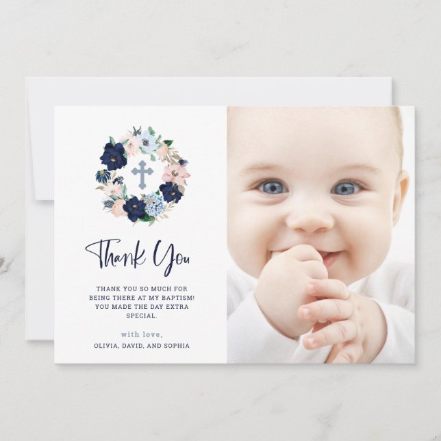 Navy Nautical Floral and White | Photo Baptism Thank You Card (Front)
