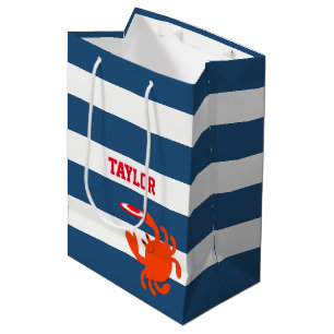 Navy Nautical Frisbee Crab Personalised Medium Gift Bag