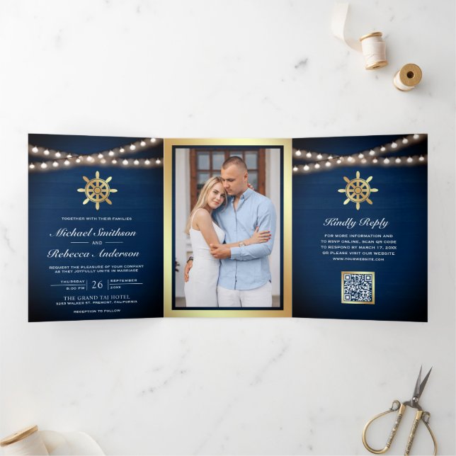 Navy Nautical Gold Ship's Wheel QR Code Wedding Tri-Fold Invitation (Inside)