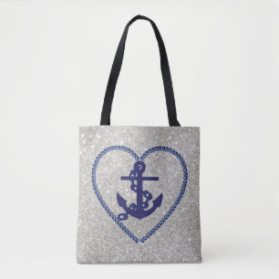 Navy Nautical Heart Anchor Silver Faux Glitter Tote Bag