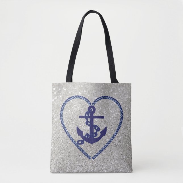 Navy Nautical Heart Anchor Silver Faux Glitter Tote Bag (Front)