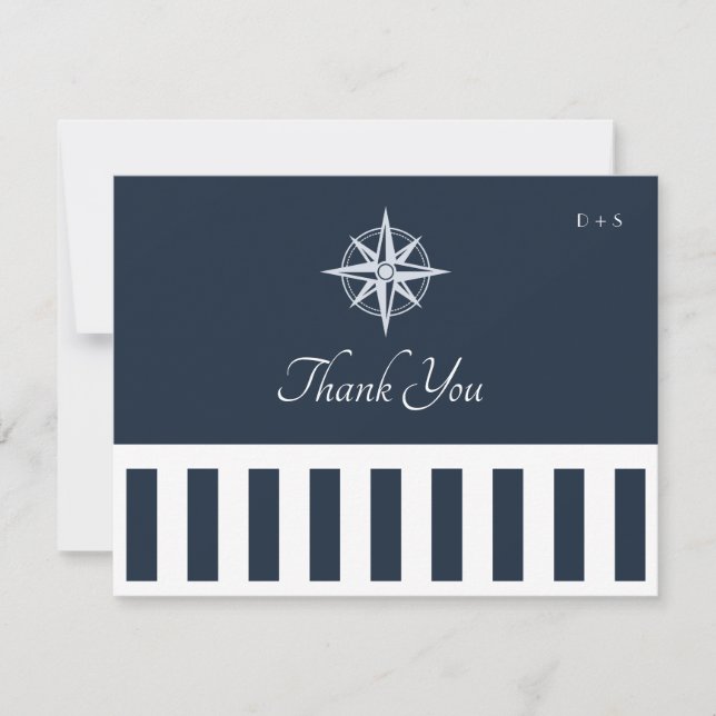 Navy Nautical Monogram Elegant Wedding Stripes Thank You Card (Front)