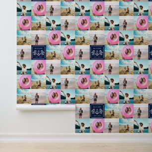 Navy Nautical Monogram Lake House Photo Pattern Wallpaper