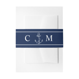 Navy Nautical Monogram White Anchor Wedding Invitation Belly Band