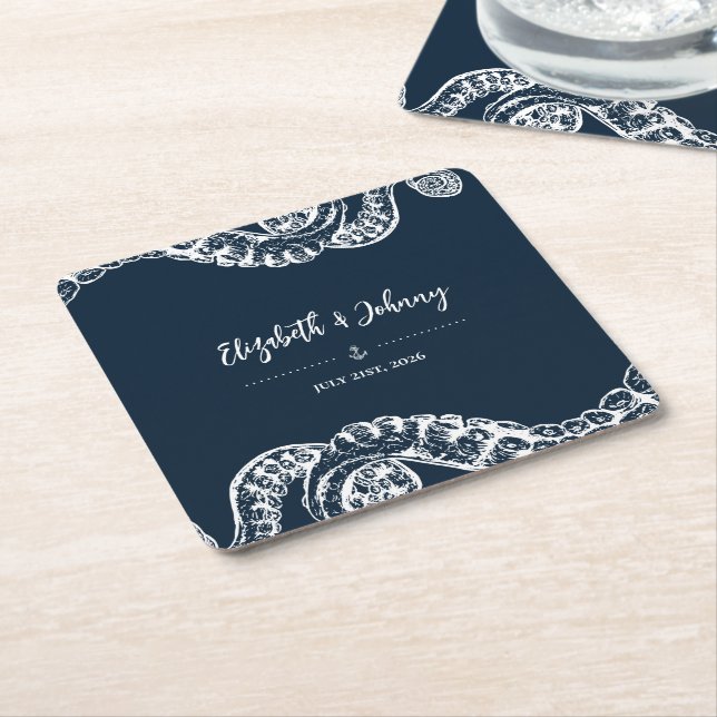 Navy Nautical Octopus Wedding Paper Coaster (Angled)