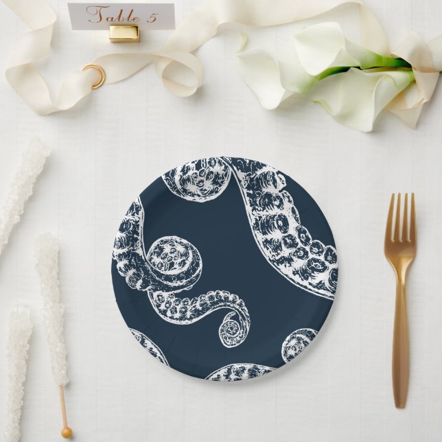 Navy Nautical Octopus White Tentacles Paper Plate (Wedding)