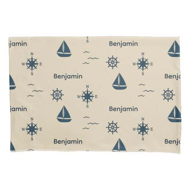navy Nautical Pattern Anchor Sailboat Compass Name Pillowcase (Front)
