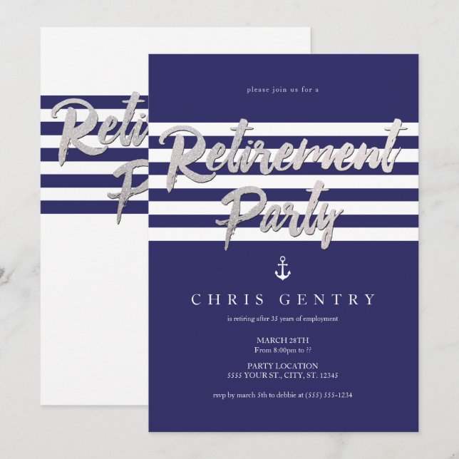Navy, Nautical Retirement Party Invitations (Front/Back)