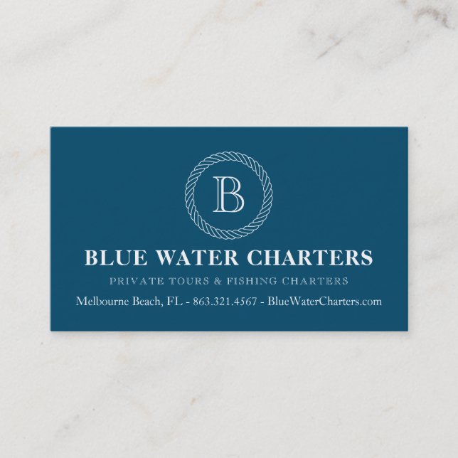 Navy Nautical Rope Boating Fishing Charters Business Card (Front)