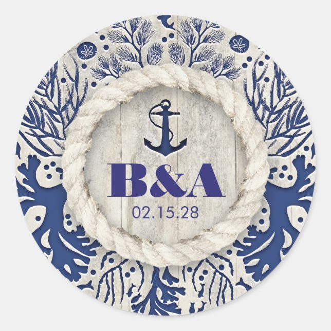 Navy Nautical Rustic Beach Driftwood Wedding Classic Round Sticker (Front)