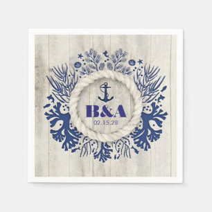 Navy Nautical Rustic Driftwood Beach Wedding Napkin