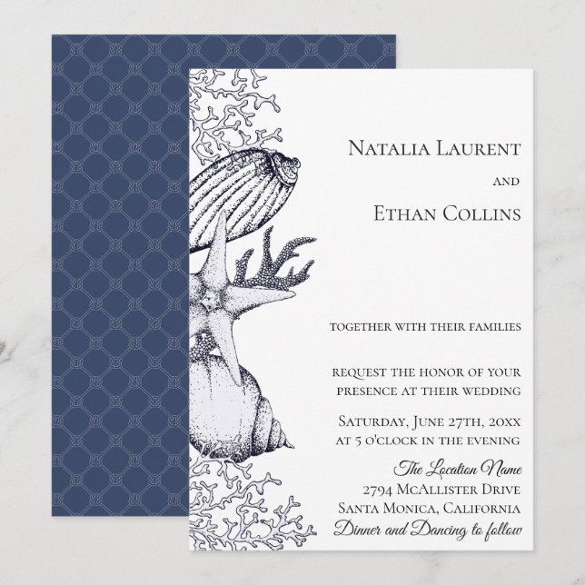 Navy Nautical Seashells Wedding Invitation (Front/Back)