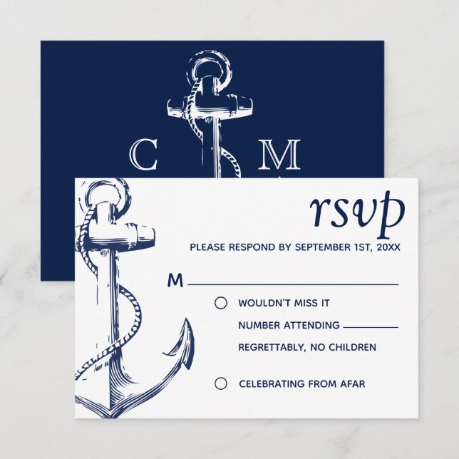 Navy Nautical Sketch Anchor No Children RSVP Invitation (Front/Back)