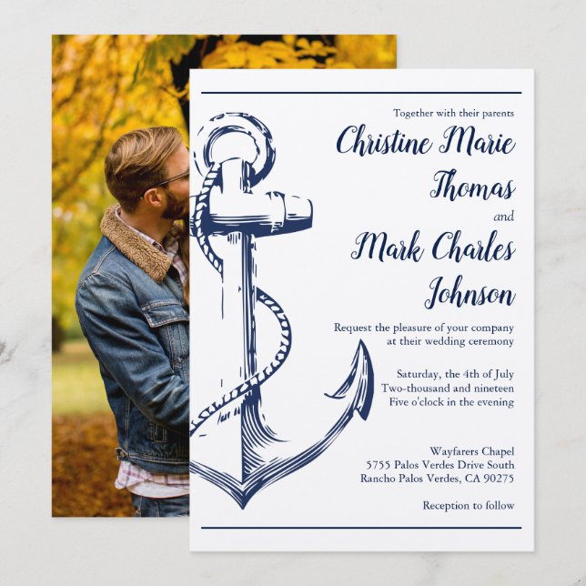 Navy Nautical Sketch Anchor Photo Wedding Invitation (Front/Back)