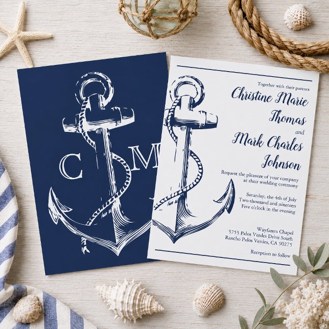 Navy Nautical Sketch Anchor Script Font Wedding Invitation (Tie the knot with this navy nautical sketch anchor wedding invitation. )