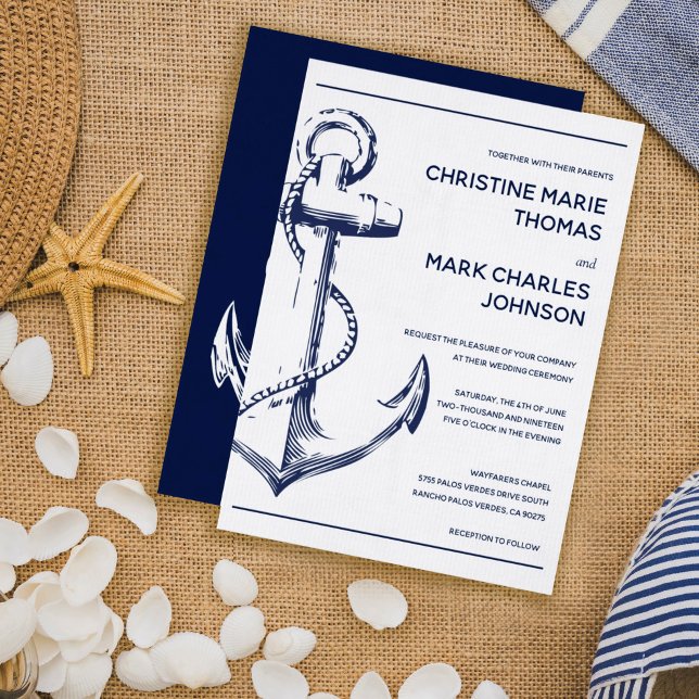 Navy Nautical Sketch Anchor Wedding Invitation (Creator Uploaded)