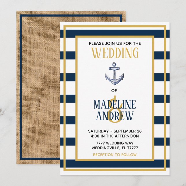 Navy Nautical Stripes Anchor Wedding Invitation (Front/Back)