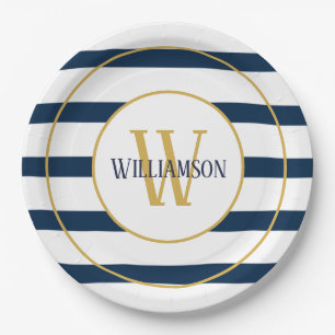 Navy Nautical Stripes Monogram Name Paper Plate