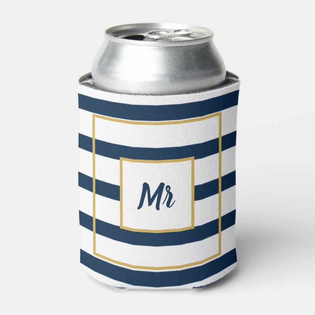 Navy Nautical Stripes Mr Can Cooler (Can Front)