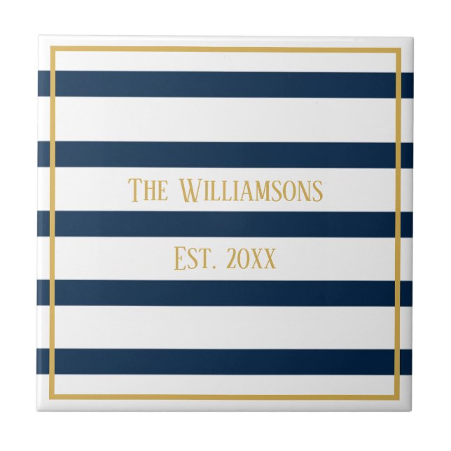 Navy Nautical Stripes Personalised Wedding Tile (Front)