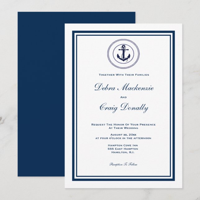 Navy Nautical Style Anchor Wedding Invitation (Front/Back)