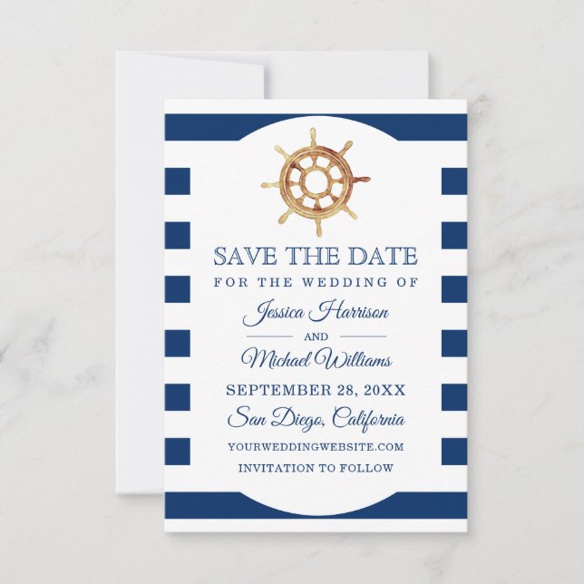 Navy Nautical Watercolor Steering Wheel Save The Date (Front)