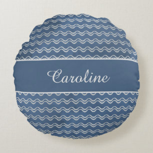 Navy Nautical Waves with Custom Name Coastal Home Round Cushion