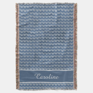 Navy Nautical Waves with Custom Name Coastal Home Throw Blanket