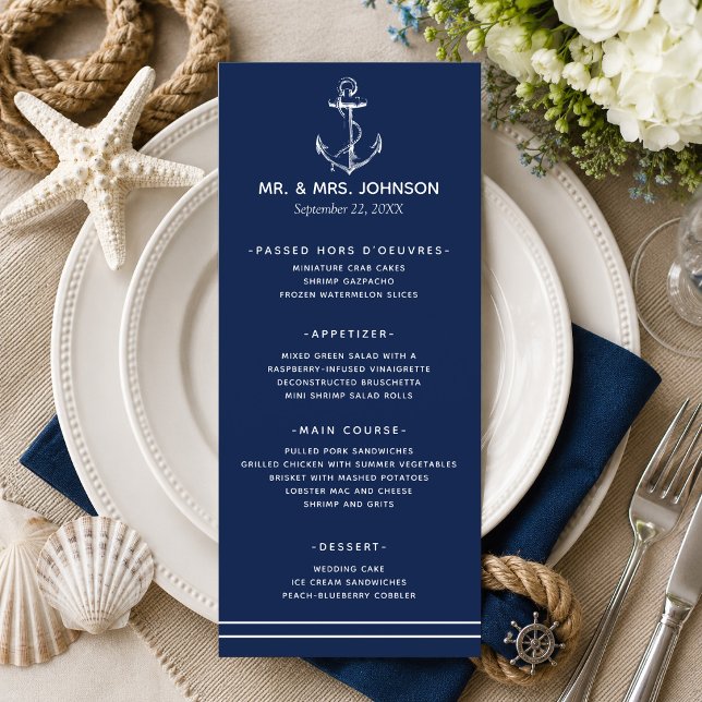 Navy Nautical White Anchor Sea Side Wedding Menu (A nautical themed menu perfect for beach weddings and weddings by the sea! )