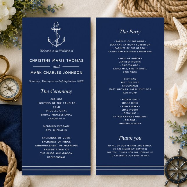 Navy Nautical White Anchor Wedding Programme (A nautical themed program perfect for beach weddings and weddings by the sea! )