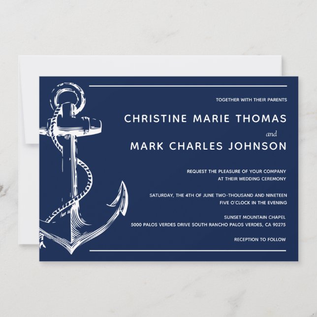 Navy Nautical White Ship Anchor Wedding Invitation (Front)