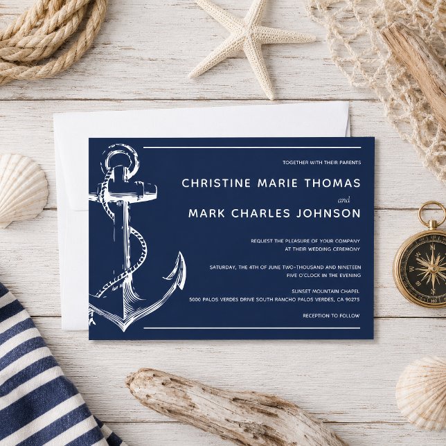 Navy Nautical White Ship Anchor Wedding Invitation (Tie the knot with this navy nautical sketch anchor wedding invitation.)