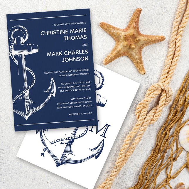Navy Nautical White Ship Anchor Wedding Invitation (Creator Uploaded)