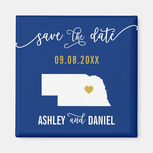 Navy Nebraska Wedding Save the Date Map Magnet (Front)