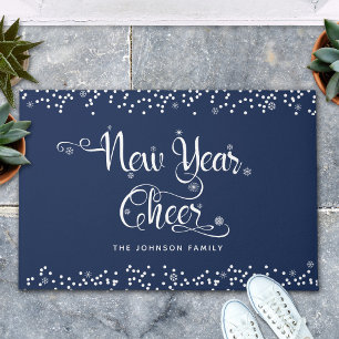 Navy New Year Cheer White Script Snowflakes Custom Doormat
