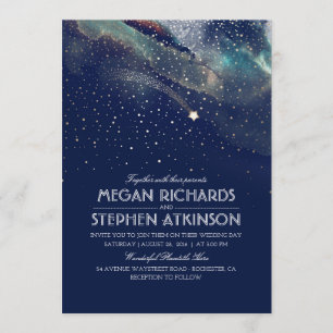 Navy Night Gold Shooting Star Elegant Wedding Invitation
