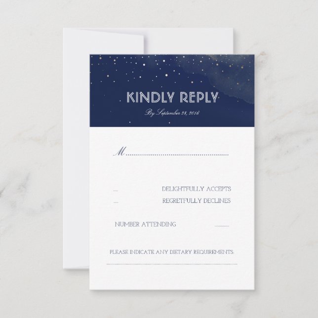 Navy Night Stars Elegant Wedding RSVP Card (Front)