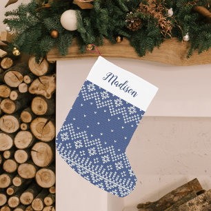 Navy Nordic Sweater Pattern Personalised Small Christmas Stocking