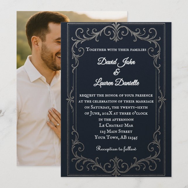 Navy Nuptial Photo Wedding Invitation (Front/Back)