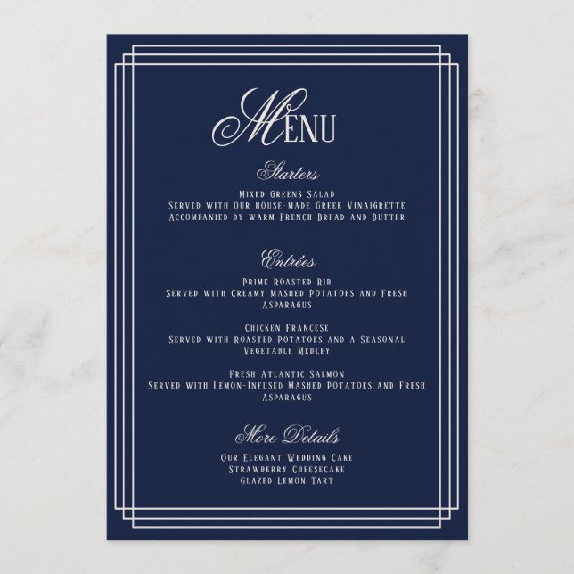 Navy Old Money Wedding Menu Card (Front)