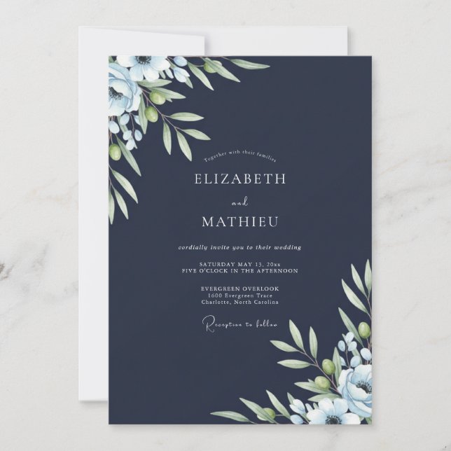 Navy Olive Foliage Eucalyptus Wedding Invitation (Front)