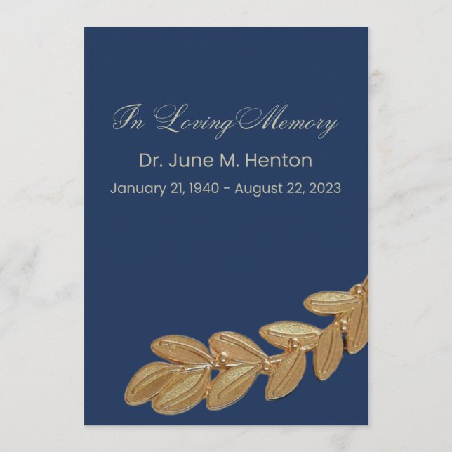 Navy Olive Leaf Funeral Memorial Program Programme (Front)