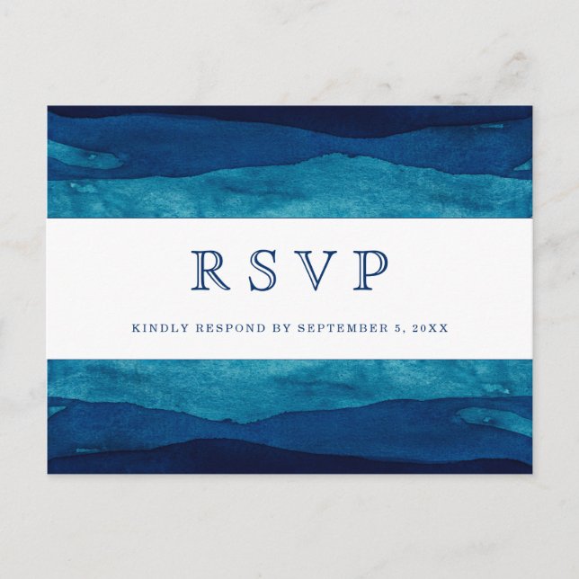 Navy Ombre Watercolor Nautical Wedding RSVP Postcard (Front)
