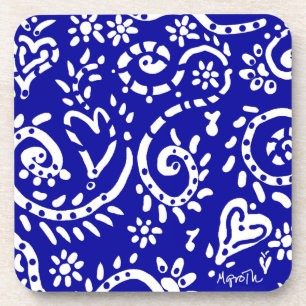 navy on white hearts and flowers coaster