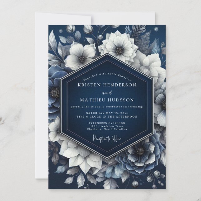 Navy Opulent Floral Romance Wedding Invitation (Front)