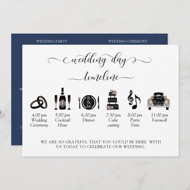 Navy (or other) Modern Wedding Program -Timeline (Front/Back)