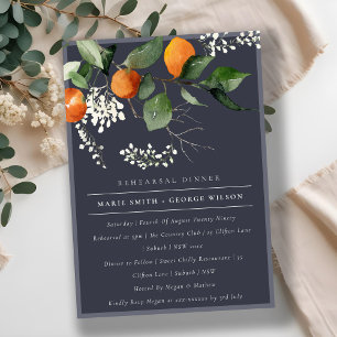 Navy Orange Blossom Fauna Rehearsal Dinner Invite