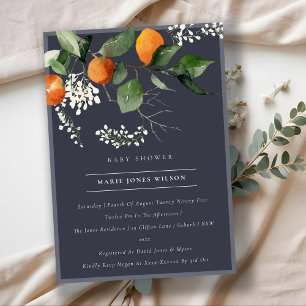 Navy Orange Blossom Foliage Baby Shower Invite