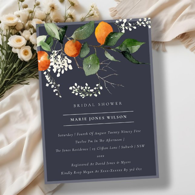 Navy Orange Blossom Foliage Bridal Shower Invite (Creator Uploaded)